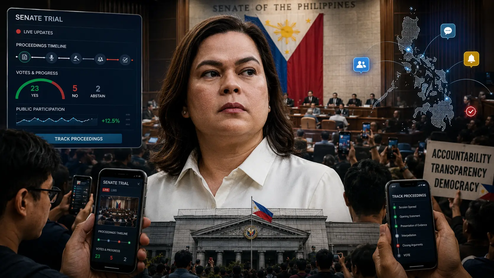 Sara Duterte second impeachment, May 11, 2026: House vote 257 to 25, Senate trial next, 16 of 24 senators needed to convict. Impact Hub Manila editorial card.